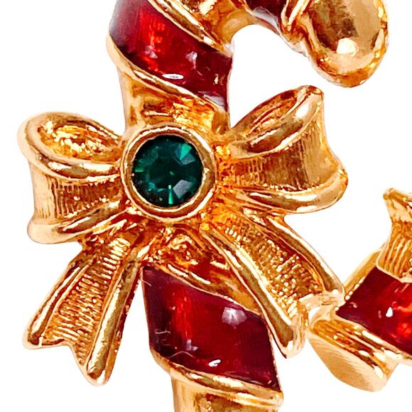 VTG Avon Signed Christmas Candy Cane Earrings Gold Tone Red Enamel Green Stone - Picture 5 of 10